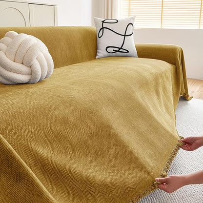 hyha Couch Cover for Dogs, Boho Sofa Covers for 3 Cushion Couch Washable, Chenille Sofa Slipcover for Pets, Soft Loveseat Sectional Couch Throw Blankets with Tassels (Yellow, 71x134 Inch)