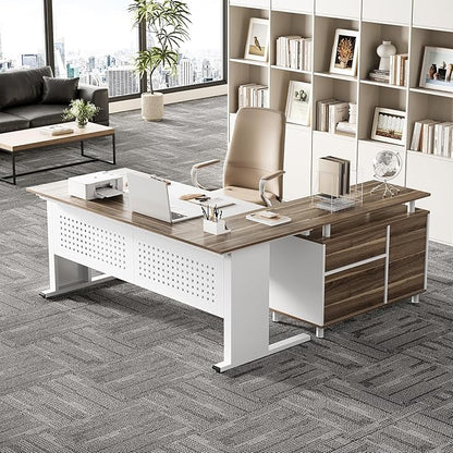 LITTLE TREE Large Computer Desk with File Cabinet, 63 Inch Executive Desk L Shaped Office Desk with Drawers and Storage Shelves, Business Furniture Desk Workstation for Home Office
