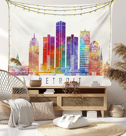 Ambesonne Detroit Tapestry, Vibrant Colored Abstract Skyscrapers Modern Architecture Watercolor Style Landmarks, Fabric Wall Hanging Decor for Bedroom Living Room Dorm, 23" X 28", Ivory