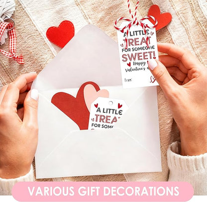 50Pcs Valentines Day Gift Sticker Tags - 3.5 x 2.1 in A Little Treat Happy Valentine Tags with String, Gift Label Idea Valentines Activity School Classroom Party Favors