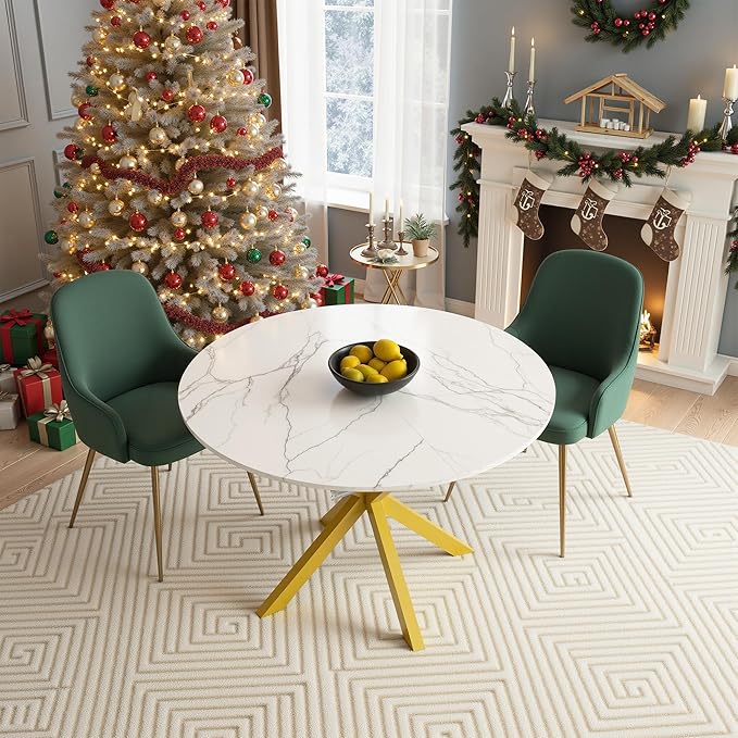 43"- 59" Extendable Dining Table for 4-6, Retractable Round Dinner Table Marble Oval Kitchen Tables Modern Steel Base Dining Room Tables for Small Space, Kitchen, Living Room, White & Gold
