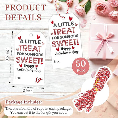 50Pcs Valentines Day Gift Sticker Tags - 3.5 x 2.1 in A Little Treat Happy Valentine Tags with String, Gift Label Idea Valentines Activity School Classroom Party Favors