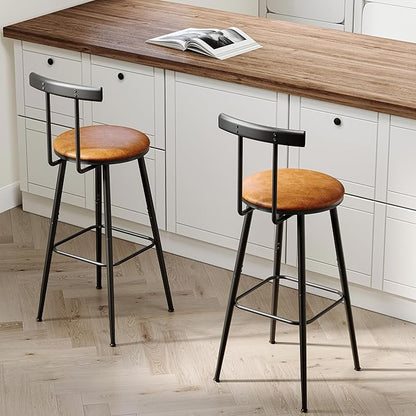 Bar Stools, Set of 2 High Kitchen Barstools, Bar Chairs with Backrest and Footrest, Industrial Counter Stools with PU Soft seat, for Kitchen, Living Room, Pub, Rustic Brown BS-013RB