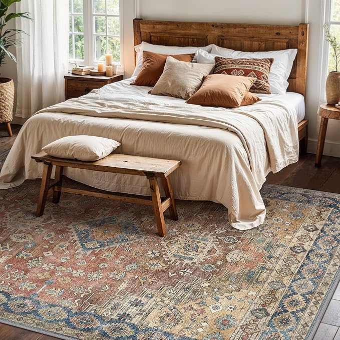 GENIMO 3x5 Area Rugs for Living Room, Machine Washable Non Slip Vintage Rugs, Low Pile Lightweight Chenille Print Rug for Bedroom, Dining Room, Home Office, Antique Red