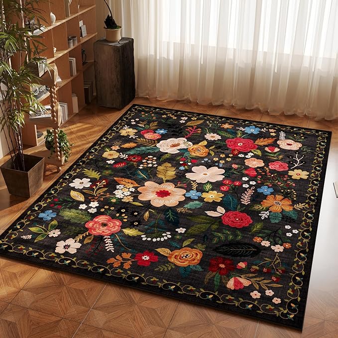 Rugcomf Bedroom Rug 3x5 Rug Washable Area Rug Non Slip Low Pile Boho Floral Small Carpet for Bedroom, Bedside, Kitchen, Entryway, Kids Room, Office, College Dorm Essentials for Girls(Black)