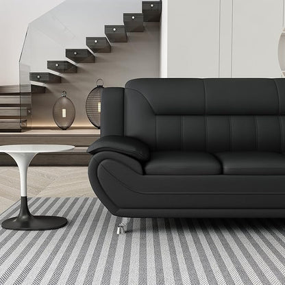 Container Furniture Direct Michael Modern Faux Leather Upholstered Stainless Steel Legs Living Room Sofa, Loveseat, Midnight