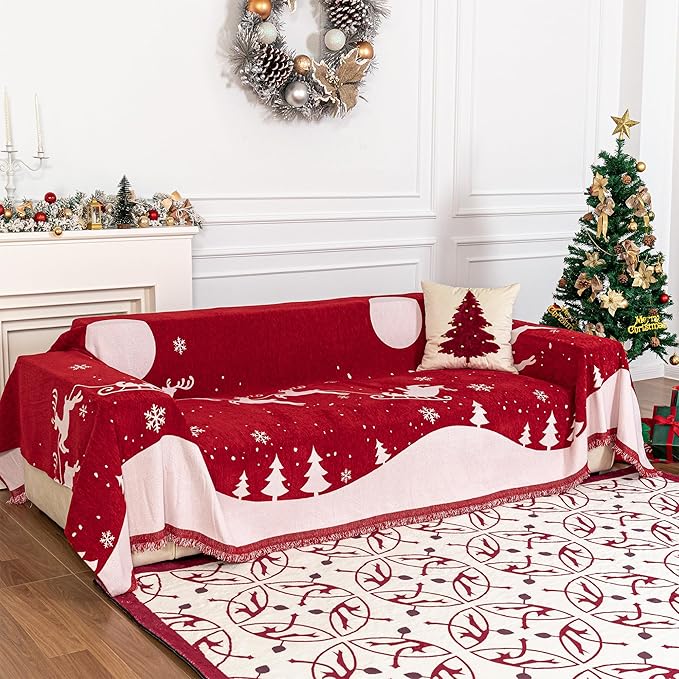 MYSKY HOME Sofa Cover Couch Covers for Sofa, Couch Sofa Covers for 3 Cushion Couch Sofa, Non Slip Soft Couch Sofa Cover, Couch Cover for Dogs Washable Furniture Protector, 71"x134", Christmas Red