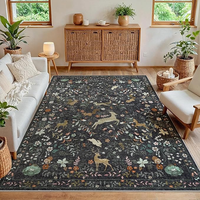 6x9 Area Rugs Washable Rug: Lagre Boho Living Room Rug Soft Non-Slip Thin Carpet Indoor Floor Non-Shedding Neutral Floral Carpets for Bedroom Dining Room Farmhouse Nursery Black