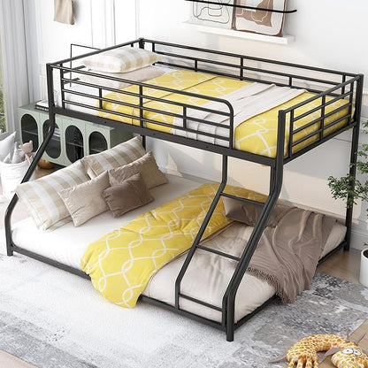 Twin XL Over Queen Metal Floor Bunk Bed with Sloping Stairs and Safety Guardrails for Bedroom,Guest Rooms, No Box Spring Needed, Simple to Assemble,Black