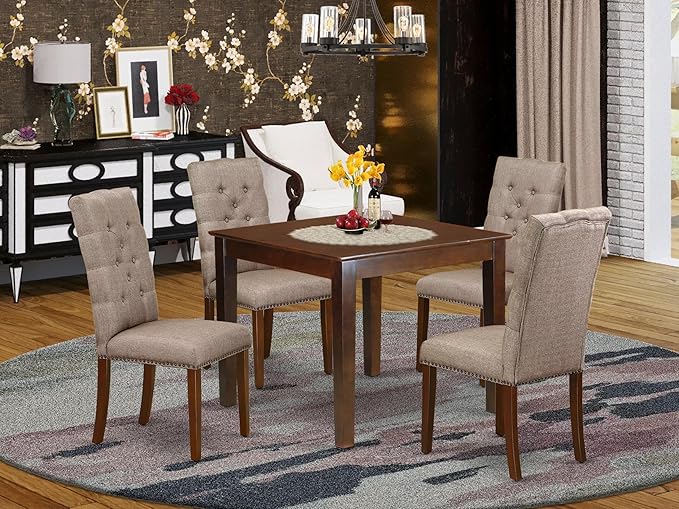 East West Furniture OXEL5-MAH-16 5 Piece Dining Room Table Set Includes a Square Kitchen Table and 4 Dark Khaki Linen Fabric Parson Dining Chairs, 36x36 Inch, Mahogany