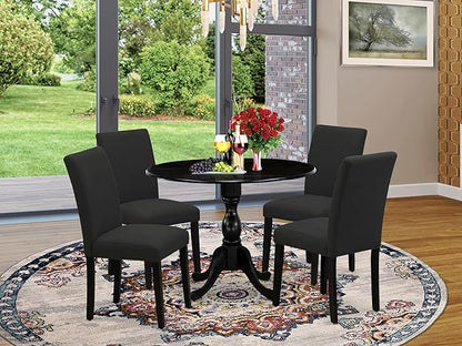 East West Furniture DMAB5-ABK-24 5 Piece Modern Dining Table Set Includes a Round Wooden Table with Dropleaf and 4 Black Color Linen Fabric Upholstered Chairs, 42x42 Inch, Wirebrushed Black
