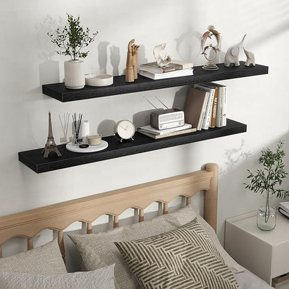 Fun Memories Floating Shelves for Wall, Rustic Wood Wall Mounted Shelves for Bathroom, Bedroom, Living Room & Kitchen, Storage Display Shelves, (Set of 2, Black, 48 in)