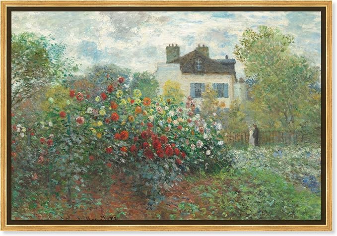 Art Remedy Monet-Garden With Dahlias Impressionism Classic Landscape Paintings Canvas Wall Art, Gold Floater Frame, 36"x54"