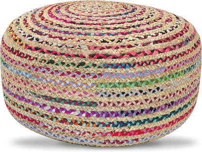 SIMPLIHOME Margo Large Round Pouf - 30 inch Wide Handwoven Jute and Cotton Braided Ottoman in Multi-Color, Boho Footstool or Extra Seating for Living Room or Bedroom with Swirl Pattern, Assembled