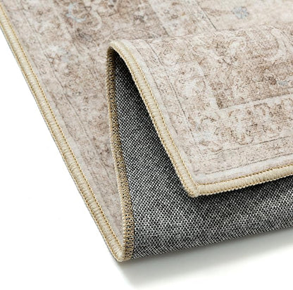 Beige Area Rug 3x4 Washable Office Entryway Vintage Carpet Low Pile Non Slip Distressed Door Mat Soft Traditional Retro Oriental Small Accent Throw Rug Kitchen Bedroom Bathroom Dining Room