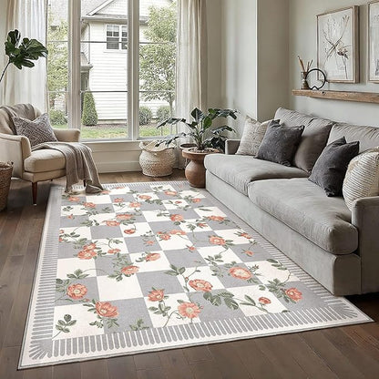 HUGEAR 5x7 Checkered Area Rugs Machine Washable Grey Living Room Rug Floral Print Non-Slip Stain Resistant Low Pile Indoor Throw Carpet for Bedroom Home Unique Aesthetic Modern Decor