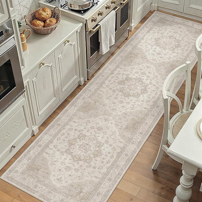 Beige Runner Rug 2x7 Washable Vintage Carpet Hallway Kitchen Soft Retro Low Pile Thin Indoor Bedroom Non Slip Oriental Medallion Long Throw Rug for Bathroom Laundry Dining Room
