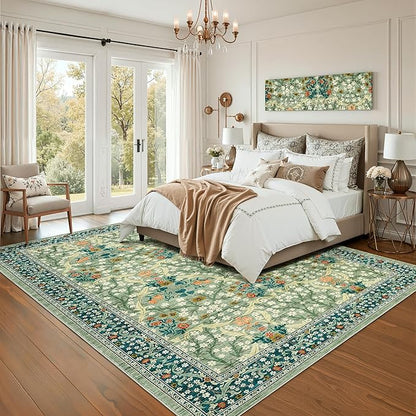 GarveeHome Floral Area Rugs 5x7, Sage Green Washable Rug for Living Room, Bedroom, Low Pile Non Slip Stain Resistance Indoor Boho Carpet Mat for Farmhouse, Dining Room, Office
