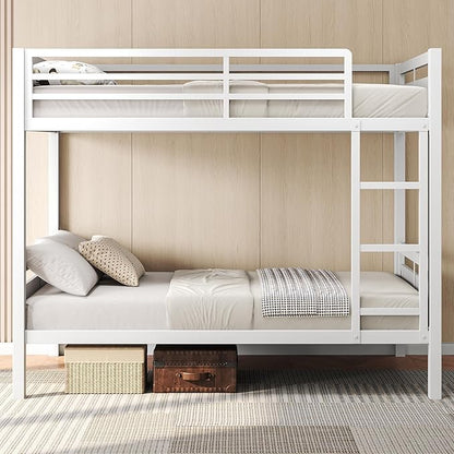 Feonase Metal Bunk Bed Twin Over Twin with Ladder and High Guardrail, Heavy-Duty Metal Slats Support, Noise Free, No Box Spring Needed, for Kids and Juniors, Black