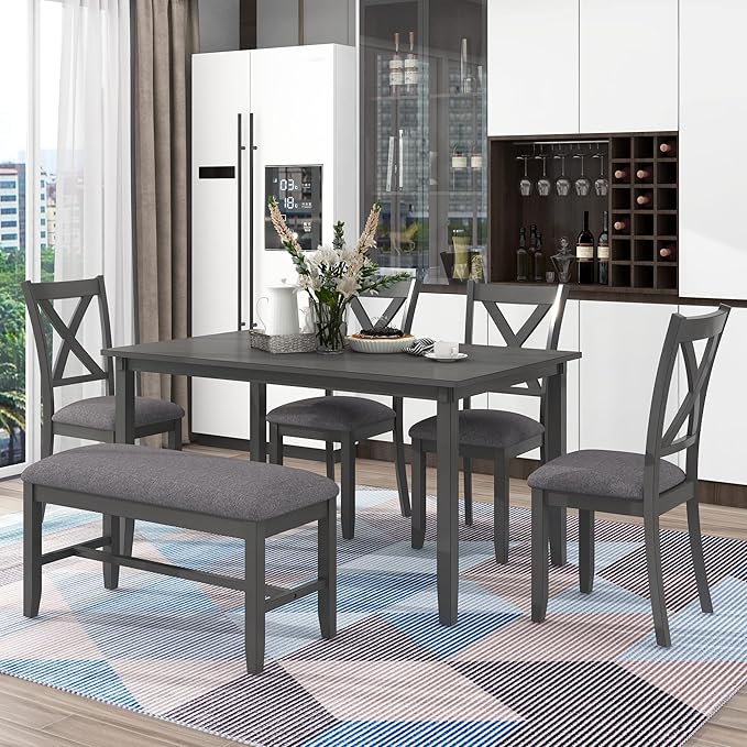 SogesPower 6-Piece Kitchen Dining Table Set for 4-6,Rectangular Dining Table with 4 Fabric Chairs & 1 Bench for Dining Room Living Room,Gray