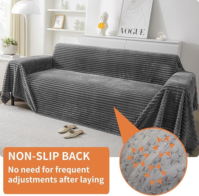 HAOMAIJIA Faux Fur Sofa Covers Couch Covers for 3 Cushion Couch Sofa Pet Friendly Soft Non Slip Couch Cover for Dogs Washable Sectional Couch Covers L Shape Furniture Protector (Grey, 71"x150")