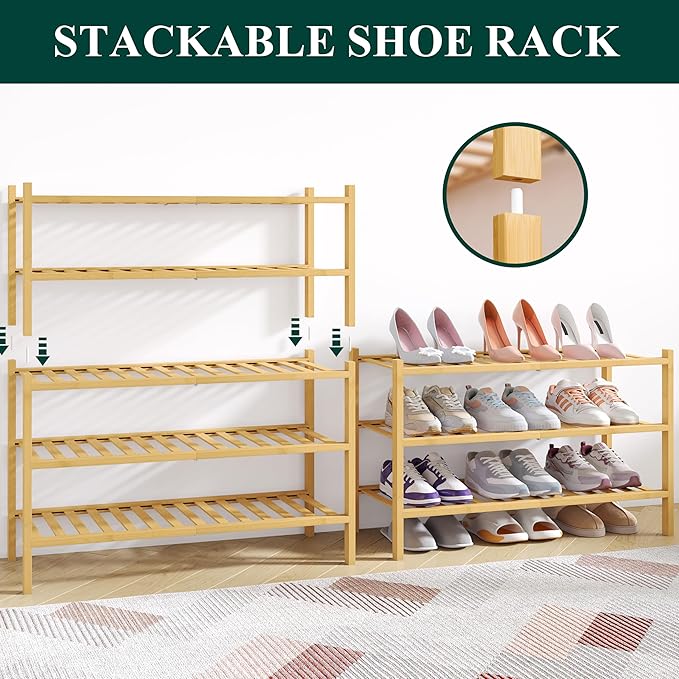 Smiry Bamboo Shoe Rack for Closet, 4 Tier Wooden Stackable Shoe Organizer, Free Standing Shoes Storage Shelf for Entryway, Front Door Entrance, Natural