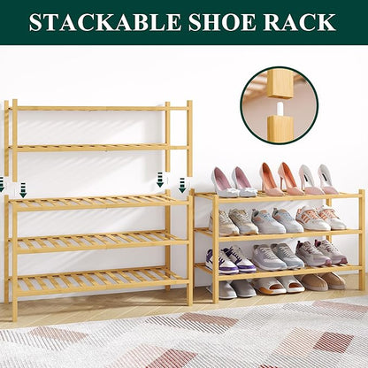 Smiry Bamboo Shoe Rack for Closet, 4 Tier Wooden Stackable Shoe Organizer, Free Standing Shoes Storage Shelf for Entryway, Front Door Entrance, Natural