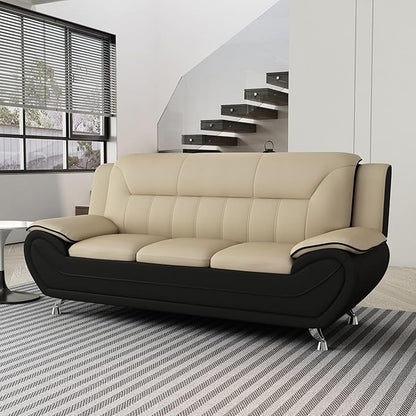 Container Furniture Direct Michael Modern Faux Leather Upholstered Stainless Steel Legs Living Room Sofa, Loveseat, Black Camel