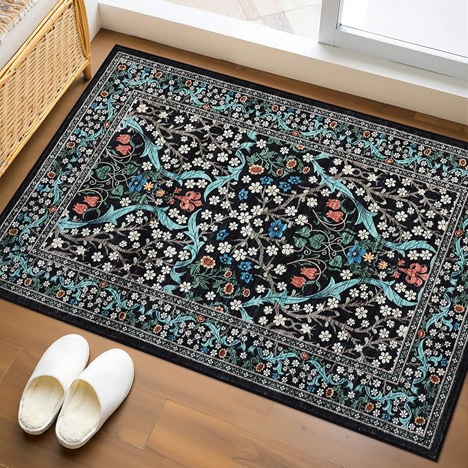 GarveeHome Floral Entryway Rug, 2x3 Washable Front Door Entry Throw Rugs Indoor, Non Slip Bathroom Small Rugs, Boho Thin Rug for Kitchen, Soft Carpet Mat for Bedroom Bathroom, Black