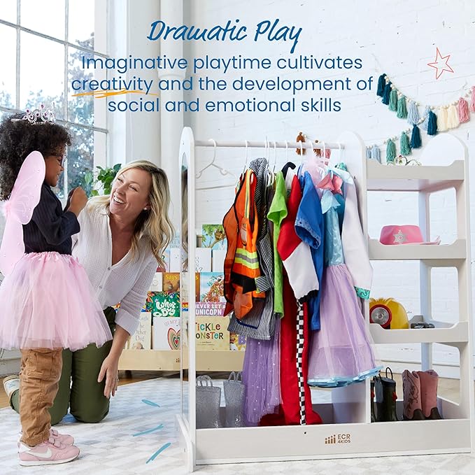 ECR4Kids Dress Up Center with Mirror, Costume Organizer, White Wash