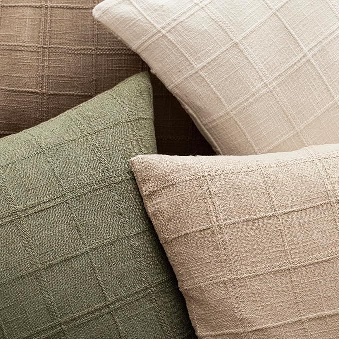 Foindtower Set of 2 Decorative Linen Check Throw Pillow Covers Neutral Farmhouse Vintage Cushion Covers Modern Boho Home Decor for Sofa Chair Couch Bedroom Living Room Outdoor,16×16 Inch,Sage Green