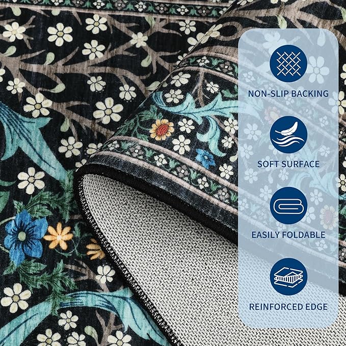 GarveeHome Floral Hallway Runner Rug, 2.5x8 Kitchen Runner Rugs, Washable Non Slip Entryway Rugs Indoor, Ultra-Thin Stain Resistant Carpet Floor Mat for Laundry Room, Black