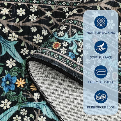 GarveeHome Floral Entryway Rug, 2x3 Washable Front Door Entry Throw Rugs Indoor, Non Slip Bathroom Small Rugs, Boho Thin Rug for Kitchen, Soft Carpet Mat for Bedroom Bathroom, Black