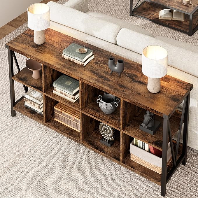 GarveeHome 8 Cube Storage Organizer Bookshelf, 3 Tier Metal Horizontal Bookcase, 62 Inch Console Bookshelf, Industrial Storage Bookcase for Entryway, Long Low Bookshelves for Living Room-Retro Brown