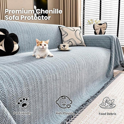 Nobildonna Sofa Cover Washable Soft Thicken Chenille Couch Cover with Tassel,Waterproof Sofa Slipcover for 3-4 Cushion Couch,Sectional Sofa,L-Shaped Furniture Protector Pet-Friendly,Dusty Blue71 x134