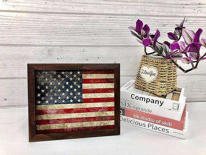 Wieco Art Old Vintage American Flag Wall Art Canvas Print Motivation Classroom Decor With Red Picture Frame and Real Glass Made to Display 5x7" with Mat or 8x10" Without Mat for Home Office Wall Decoration