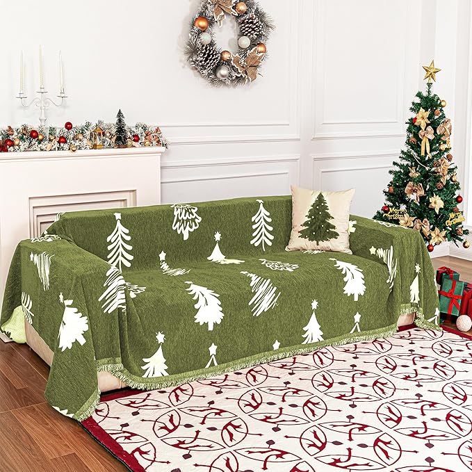MYSKY HOME 71X134 inches Sofa Christmas Couch Cover, Sectional Sofa Covers Sofa Slipcover for 3 Cushion Couch, L Shape Couch Covers for Dogs, Washable Sofa Blanket, Furniture Protector, Green