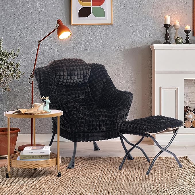 HollyHOME Fabric Lazy Chair with Foldable Ottoman, Accent Comfy Lounge Arm Chair and Folding Footrest Stool Set, Leisure Sofa Reading Chair and Footstool for Living Room, Bedroom, Dorm, Faux-Fur Black