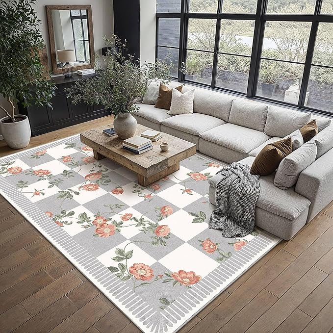 HUGEAR 8x10 Checkered Area Rugs Machine Washable Grey Large Living Room Rug Floral Print Non-Slip Stain Resistant Low Pile Indoor Throw Carpet for Bedroom Home Unique Aesthetic Modern Decor