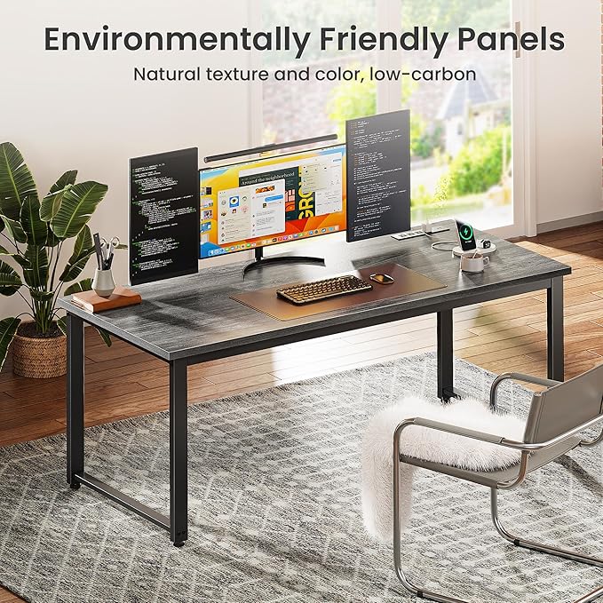 Huuger 55 x 24 inch Desk with Power Outlets & USB-C, Deeper & Thicker Desktop, Robust Metal Tubes, Computer Desk, Heavy Duty Office Desk, Work Gaming Desk for Home Office, Grey