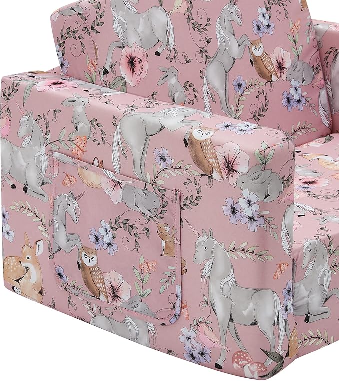Ulax furniture Kids Convertible Sofas Children Flip-Out Sofa - 2-in-1 to Lounge Chair (Pink Unicorn)