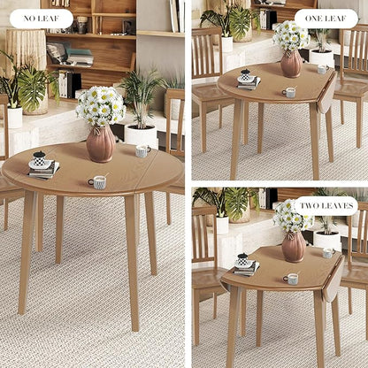 COLAMY 3-Piece Extendable Dining Table Set for 2, 36" Kitchen Round Wood Table with 2 Wooden Dining Room Chairs,Light Brown/Beige