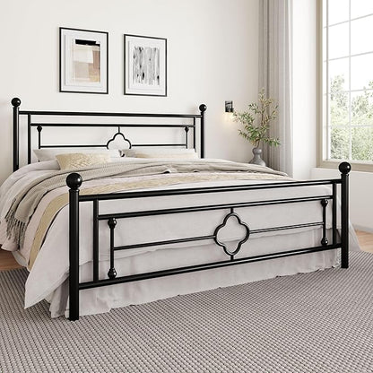 SHA CERLIN 14 Inches King Size Metal Platform Bed Frame/Vintage Iron-Art Headboard and Footboard/Mattress Foundation for Storage/No Box Spring Needed/Noise-Free/Easy Assembly/Black