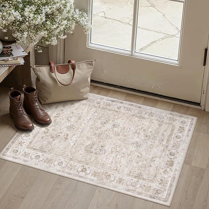 2x3 Area Rug Entryway Beige Washable Vintage Carpet Door Mat Small Indoor Non Slip Soft Low Pile Thin Stain Resistant Distressed Accent Throw Rug for Kitchen Bathroom Entrance Bedroom