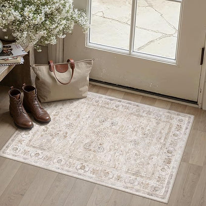 2x3 Area Rug Entryway Beige Washable Vintage Carpet Door Mat Small Indoor Non Slip Soft Low Pile Thin Stain Resistant Distressed Accent Throw Rug for Kitchen Bathroom Entrance Bedroom