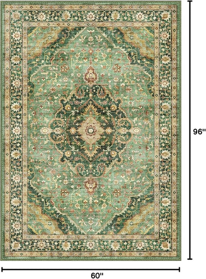Green Rug 5x8 Area Rugs for Bedroom Washable Rugs Boho Vintage 5x8 Rug for Living Room Carpet Non-Slip Family & Pet Friendly Print Floor Rug(Border Green)