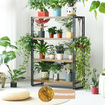 HCHQHS Bookshelf, 4-Tier Industrial Bookcase, Rustic Open Book Shelf, Freestanding Tall Bookshelves with Metal Frame