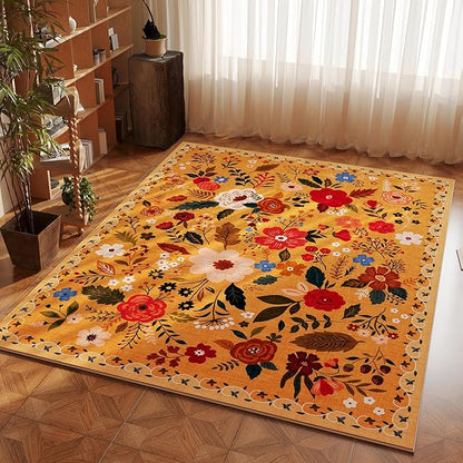 Rugcomf Bedroom Rug 3x5 Rug Washable Area Rug Non Slip Low Pile Boho Floral Small Carpet for Bedroom, Bedside, Kitchen, Entryway, Kids Room, Office, College Dorm Essentials for Girls(Yellow)