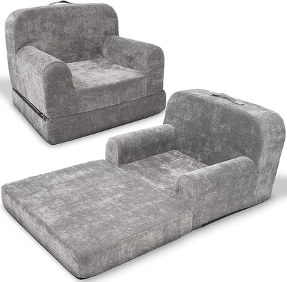 ParkaLounger Children's Sofa 2-in-1 Convertible Chair & Sleeper - Durable Foam Keeps Its Shape - Lightweight, Portable with Handle - Soft, Sturdy & Cozy Seat for Lounging & Play, Gray, Medium