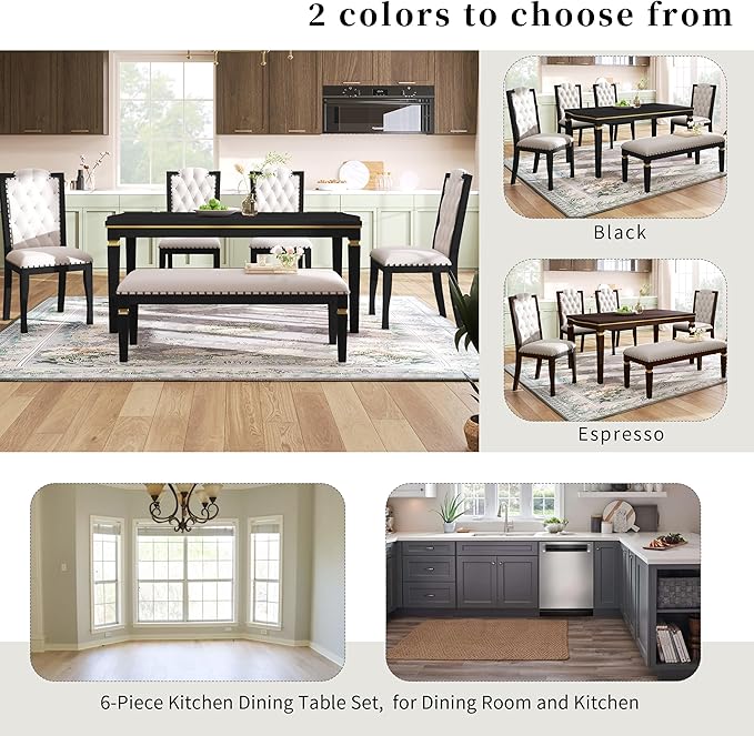 Merax 6-Piece Kitchen Dining Table Set, 62.7" Rectangular with 4 High-Back Tufted Chairs & 1 Bench for Kitchen Room, Black